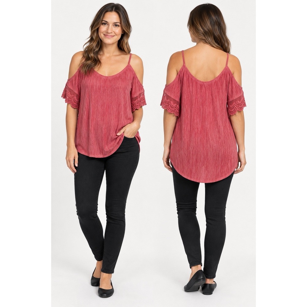 My Story Women's Medium Pink Cold Shoulder Top Crochet Sleeve Trim NWT Boho